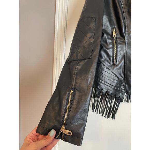 Steve Madden cropped black faux leather moto jacket fringe pockets logo medium - Picture 8 of 12